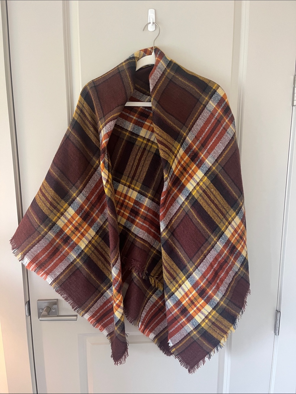 Plaid Fringe Blanket Wrap in Beige, Red & Green